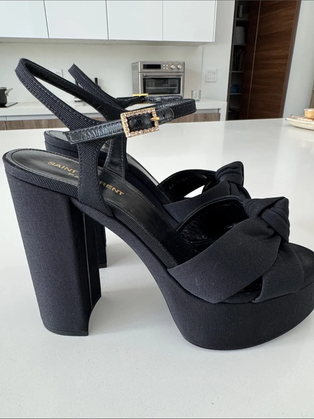 Saint Laurent Black Knotted Platform Heels with Gold Buckles